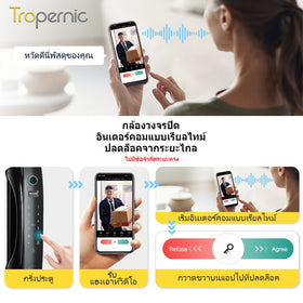 Tropernic N18 ล็อกดิจิทัล Tuya มีระบบวิดีโอสวีเวิลล์ 3D ใบหน้า สนทนาแบบเรียลไทม์ ล็อกประตูอัจฉริยะรักษาความปลอดภัย ปลดล็อกด้วยลายฝ่า มือ ล็อกอิเล็กทรอนิกส์ไทย พร้อม มอร์ทิส 6068